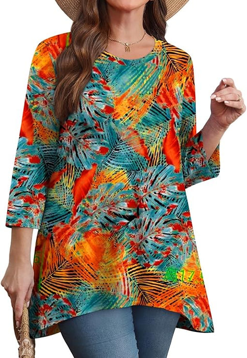 OFEEFAN Playera tipo túnica para mujer, ajuste holgado de manga 3/4 con dobladillo asimétrico