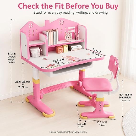 Escritorio para niños, conjunto de escritorio y silla para niños con altura ajustable para niñas