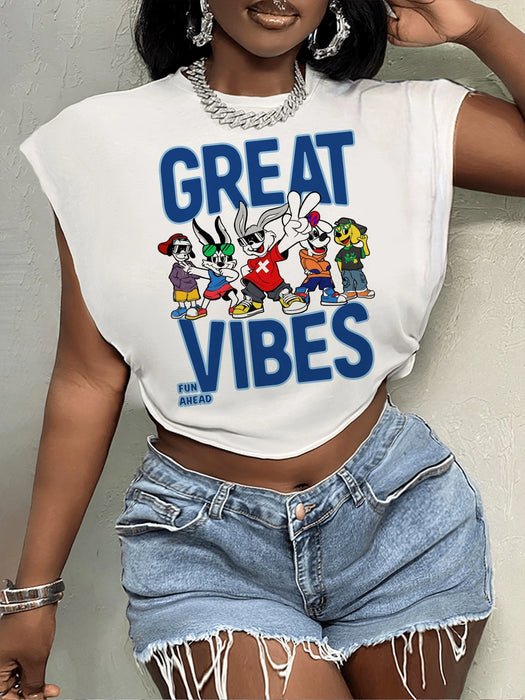 Shein Camiseta de mujer Slaydiva Casual Streetwear Simple GREAT con estampado de conejito de dibujos animado