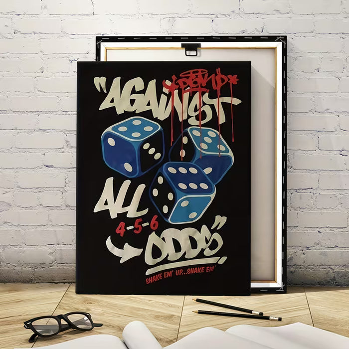 1 lámina moderna de arte decorativo en lienzo con marco - "Contra todo pronóstico" obra artística sobre dados 30X40cm
