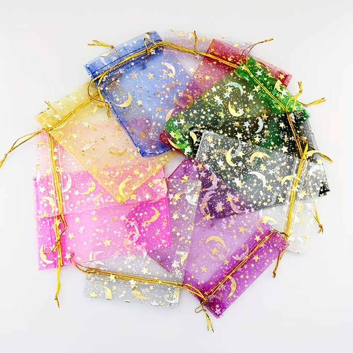 10pcs Bolsas de Organza Transparente con Cordón Estampado Luna y Estrellas