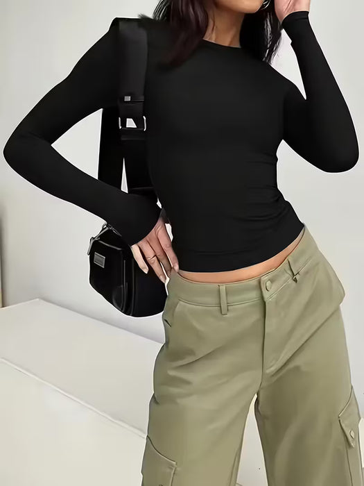 Shein Camiseta de Manga Larga Ajustada y Corta para Mujer