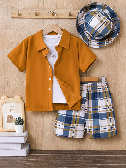 Conjunto casual de verano para niños de 3 piezas de camisa, pantalones y sombrero