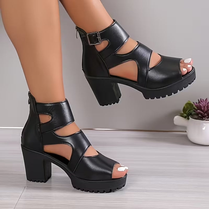 Sandalias de mujer con tacón grueso, puntera abierta y diseño recortado