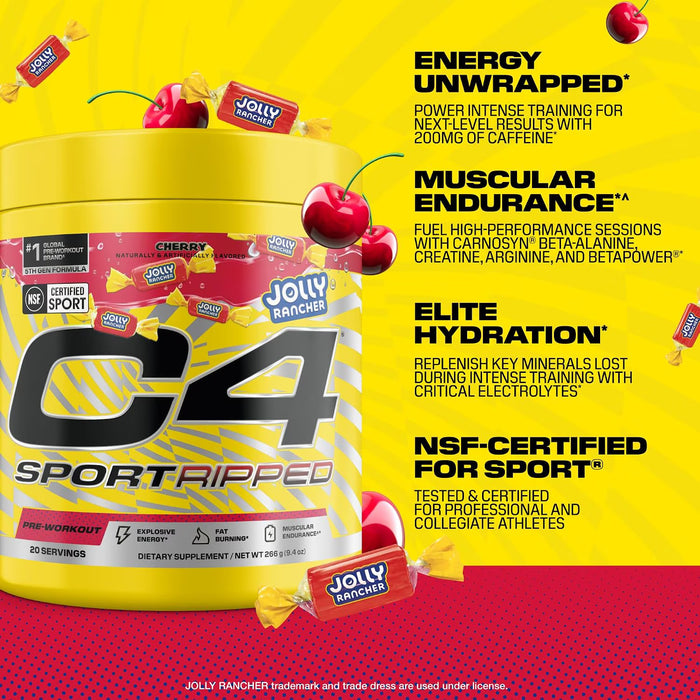 C4 Sport Ripped Pre Workout Powder - Jolly Rancher Cherry - Certificado NSF para deportistas