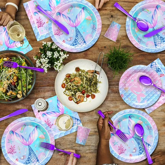 Kit de fiesta de cumpleaños de sirena de 168 piezas (platos de 9/7 pulgadas, vasos, tenedores, cucharas, cuchillos, servilletas)