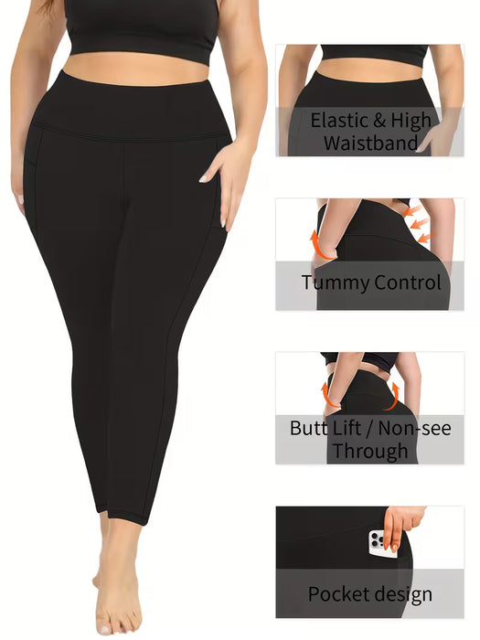 Leggings térmicos de talla grande para mujer de cintura alta y bolsillos laterales