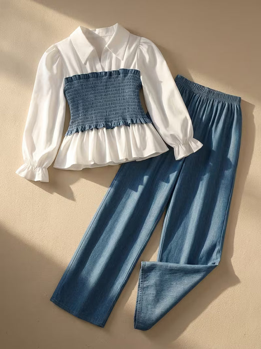 Conjunto de 2 piezas para niña con camisa de cuello con muescas y pantalón de pierna ancha
