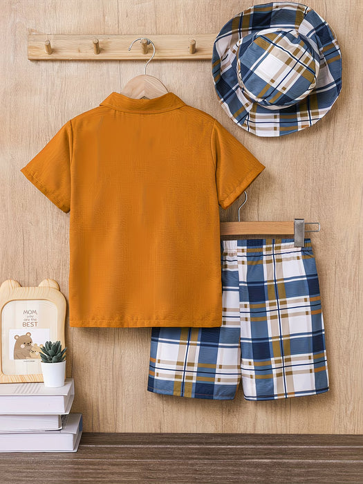 Conjunto casual de verano para niños de 3 piezas de camisa, pantalones y sombrero