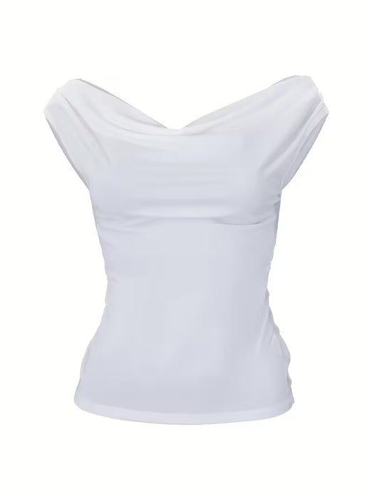 Camiseta sin hombros para mujer con volantes - Ajuste ceñido, color sólido