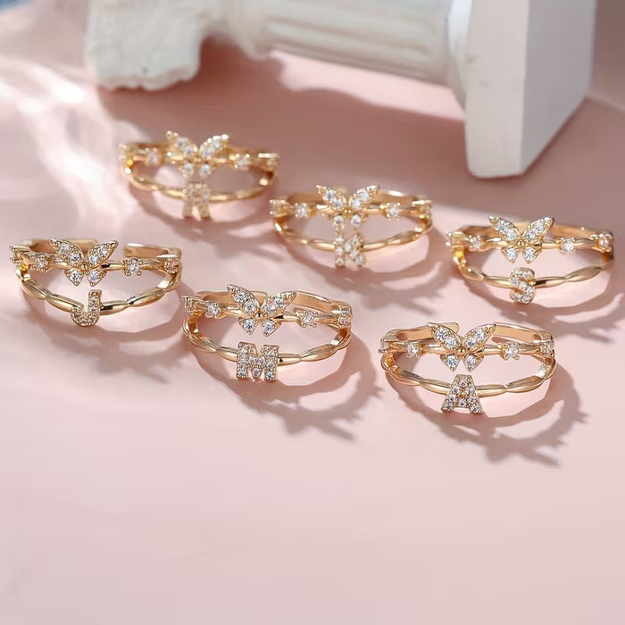 Anillo ajustable de Letra J para Mujer, de marposa con Alas de Zirconia Sintética