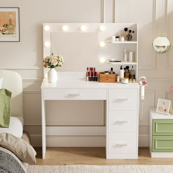 Tocador Furmax con luces y espejo, mesa de maquillaje con cajón y toma de corriente