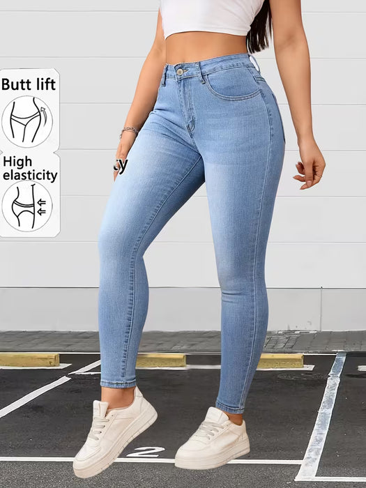 Pantalones skinny de mezclilla elástica azul claro con textura retro lavada