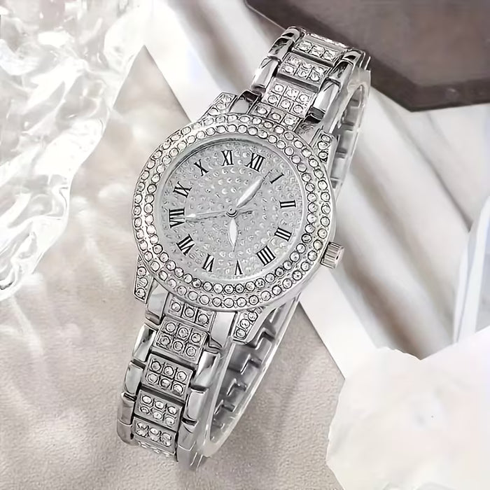 6 piezas de reloj de cuarzo para mujer a la moda con reloj plateado de números romanos