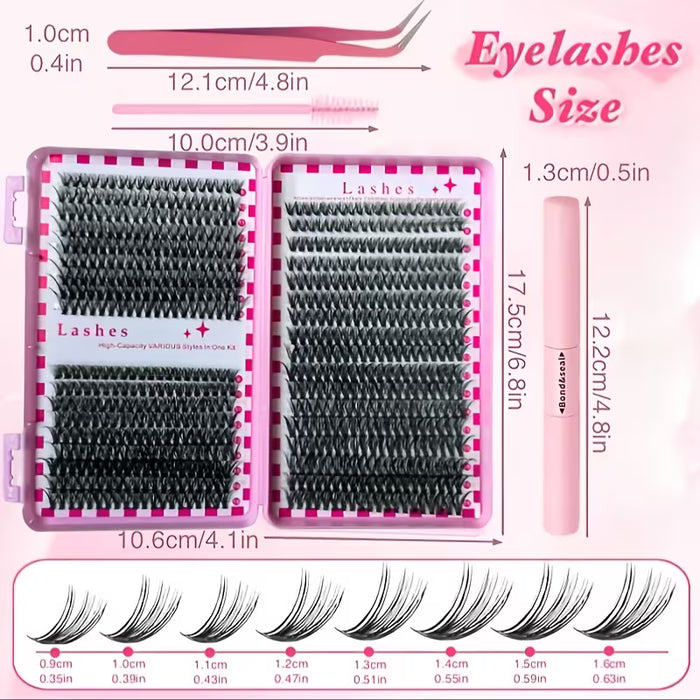 Kit de pestañas en grupo de 400 pcs con adhesivo y cepillo-Mezcla, extensiones de pestañas