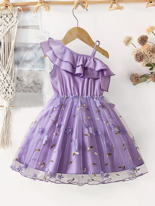 Vestido de malla floral dulce para niña es sin mangas y cuenta con decoraciones de flores 3D