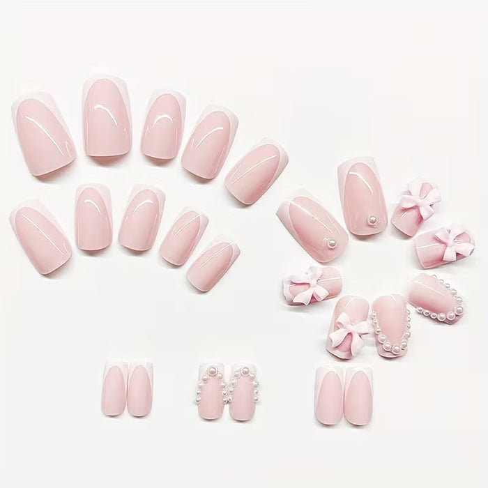 Juego de 24 Uñas Postizas Cortas con Lazo Europeo y Pedrería para Mujeres