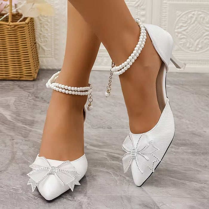Zapatos de Tacón Alto Blanco con Lazo de Estrás y Correa en el Tobillo, Elegantes para Mujer