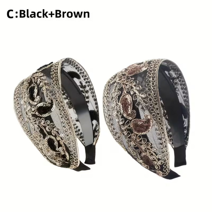 2 Piezas de Diademas de Encaje y Lentejuelas Florales para Mujer, Elegantes Aros Anchos