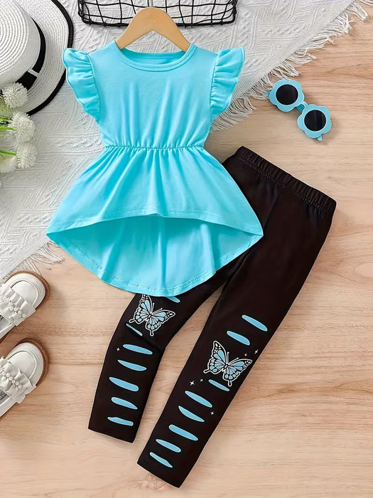 Conjunto de Camiseta con manga con volantes y pantalones con estampado de mariposas