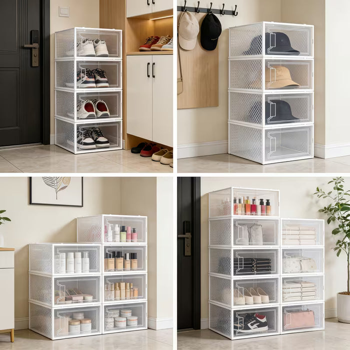 Paquete de 4 cajas de zapatos transparentes de plástico plegable con orificios