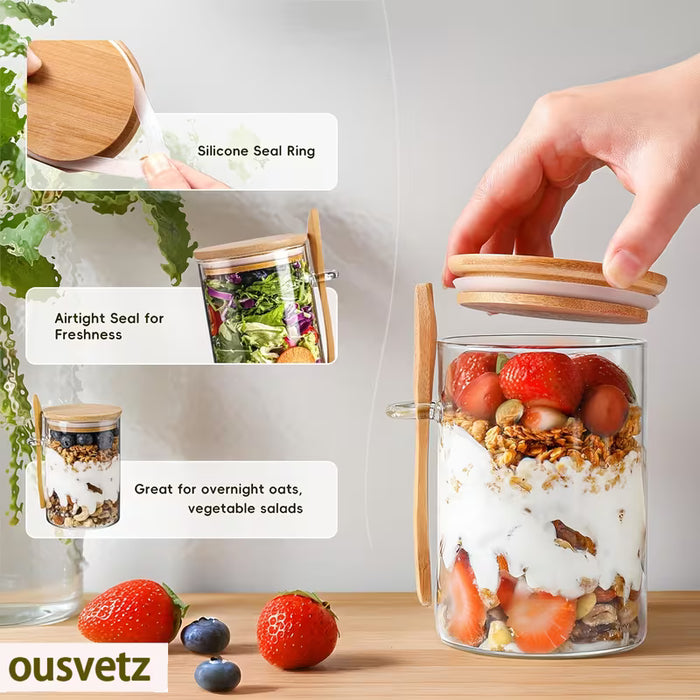 4pcs Taza de Vidrio de Borosilicato Alto con Tapa de Bambú y Cuchara para Avena y Desayunos