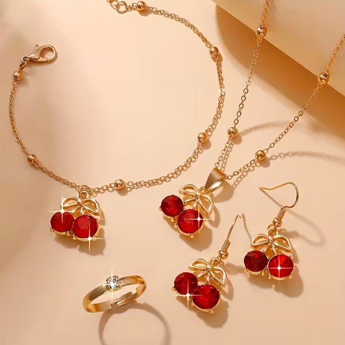 Set de Joyería de Cerezas Rojas 4 piezas Collar Aretes Pulsera Anillo