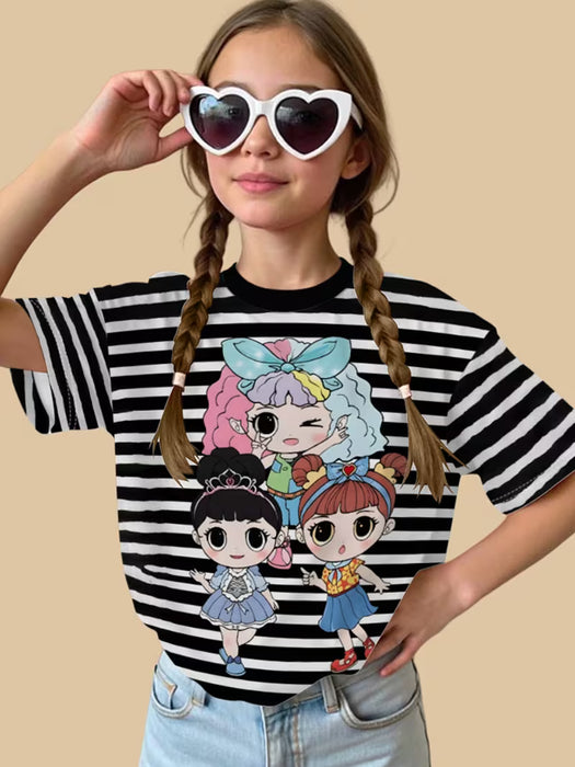 Camiseta para niñas con estampado de patrón de niña linda a rayas blancas y negras