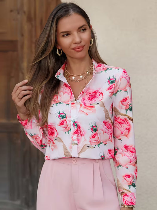 Camisa casual de manga larga para mujer con estampados floral, ideal para el uso diario