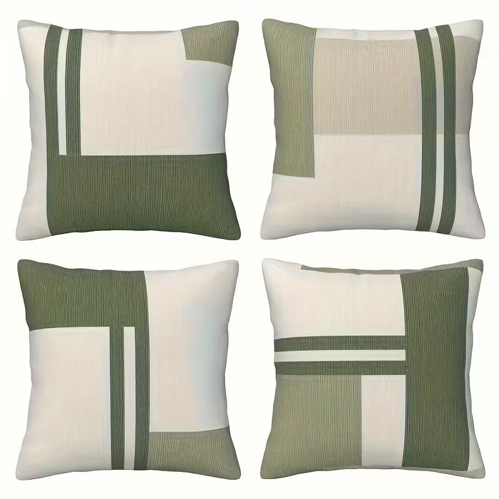 Juego de 4 Fundas de Almohada con Estampado Geométrico Bohemio - Verde y Beige