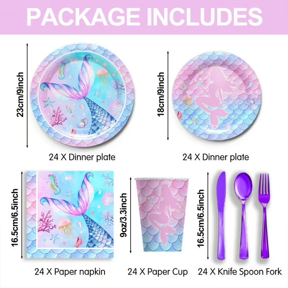 Kit de fiesta de cumpleaños de sirena de 168 piezas (platos de 9/7 pulgadas, vasos, tenedores, cucharas, cuchillos, servilletas)