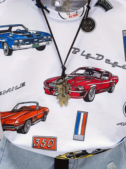 Camiseta de Manga Corta Casual con Estampado de Coche