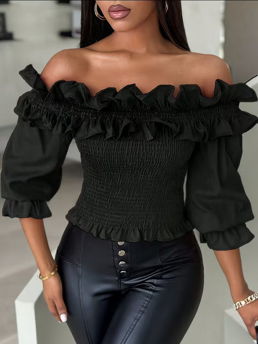 Blusa De Color Sólido Con Volantes, Hombros Descubiertos y mangas abullonadas