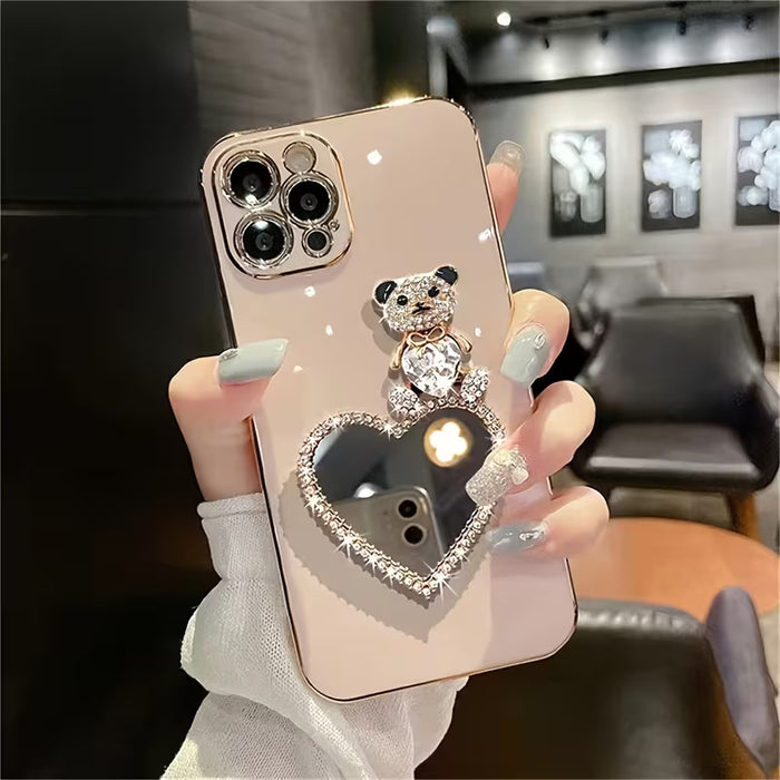 Funda para Teléfono - Funda Rosa Electrochapada con Corazón de Piedra Preciosa y Oso Espejo para iPhone 12 Pro