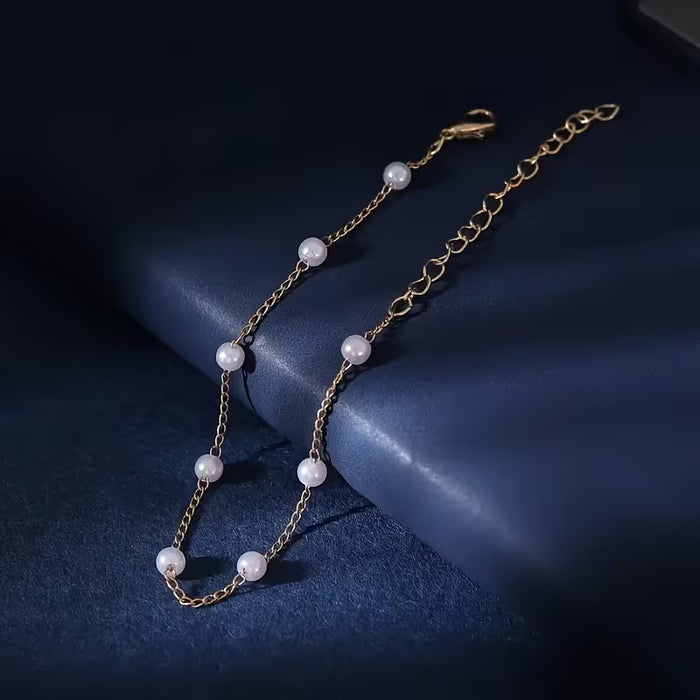 1 Pulsera de Cadena Fina con Mini Perlas Blancas de Imitación