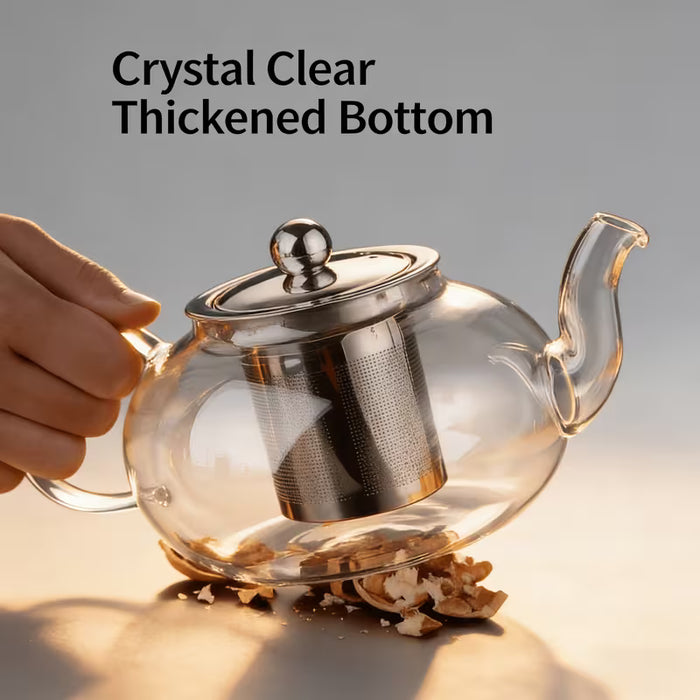 Tetera de vidrio transparente con colador de té y tapa, ideal para preparar té en casa