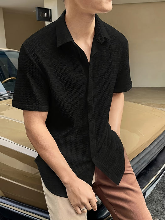 Camisa casual de jacquard para hombre, de manga corta con botones y texturizada