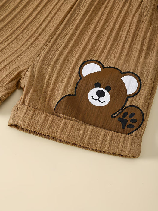 Conjunto de 2 piezas para niño con estampado de oso: cárdigan de manga corta y pantalones cortos