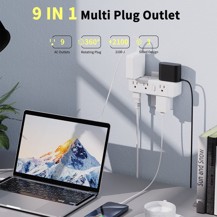 Extensor de enchufes de pared con 9 tomas con enchufe giratorio de 360°