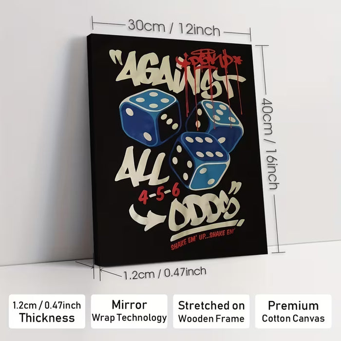 1 lámina moderna de arte decorativo en lienzo con marco - "Contra todo pronóstico" obra artística sobre dados 30X40cm