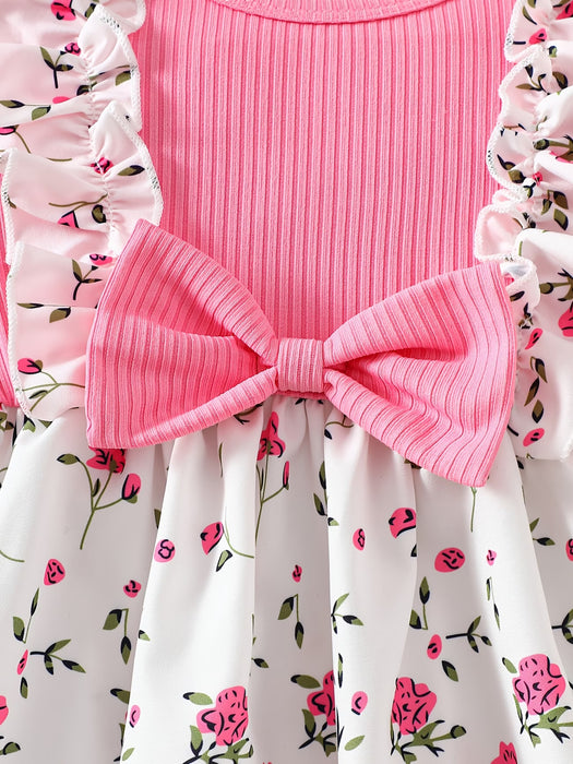 Vestido para niñas con estampado floral, detalle de lazo y borde festoneado, manga abullonada