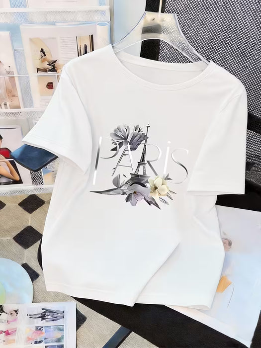 Camiseta Estampada "Torre Eiffel de París Floral" Primavera Verano Manga Corta