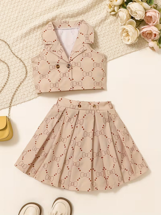 Conjunto de 2 piezas para niñas: falda sin mangas con estampado de lazo
