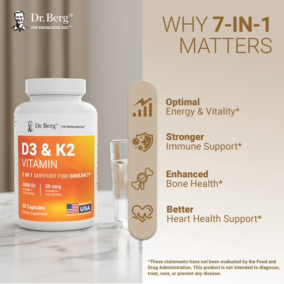 Dr. Berg Suplemento vitamínico D3 y K2 - D3 K2 5000 UI, 60 cápsulas