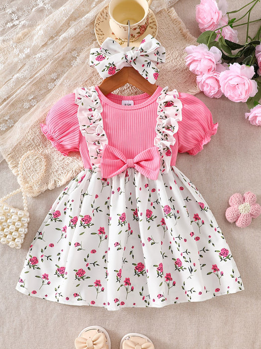 Vestido para niñas con estampado floral, detalle de lazo y borde festoneado, manga abullonada