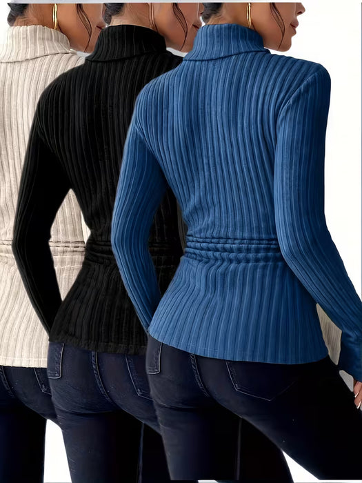 Top de manga larga, cuello alto plisado y corte entallado (pack de 3)