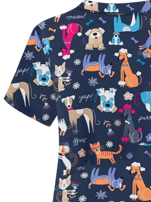 Camiseta Casual de Cuello en V para Mujer con Estampado de Perro Lindo
