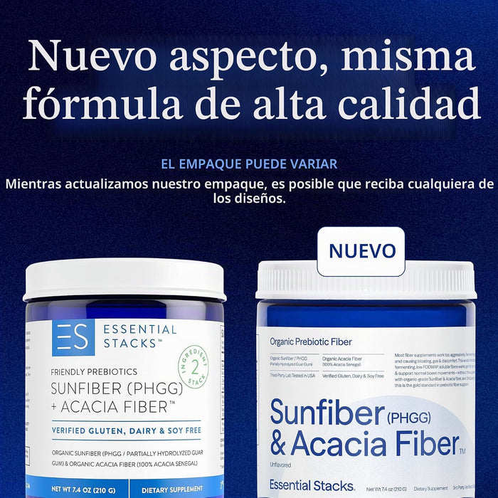 Essential Stacks Suplemento en polvo de fibra prebiótica probada por terceros con fibra solar