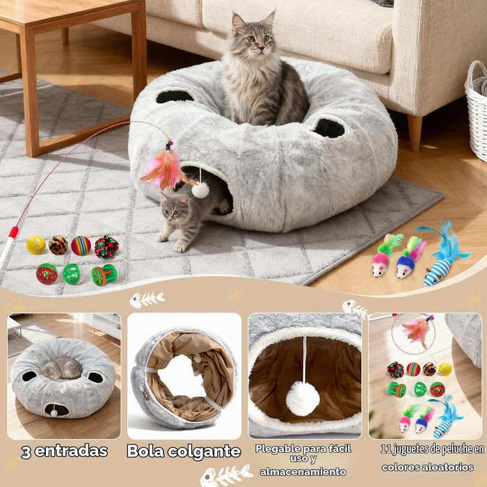 Túneles de gato de 4 agujeros para gatos de interior de felpa en forma de dona color gris