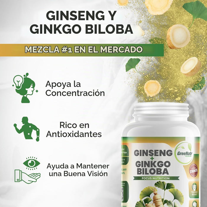 GreeNatr Suplemento de ginko biloba y panax ginseng - Suplemento cerebral de ginseng rojo 120 tabletas